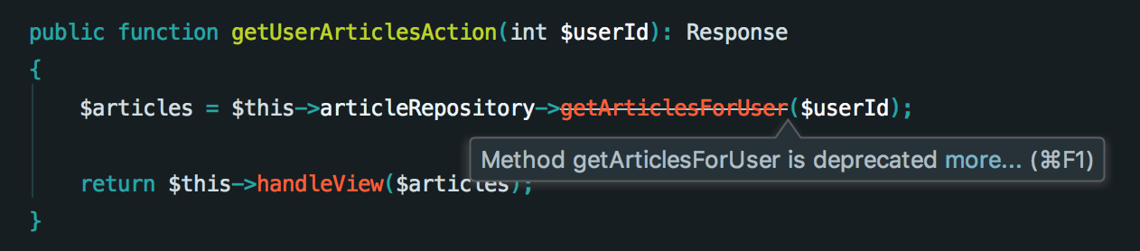 PHPStorm notification about use of deprecated method.