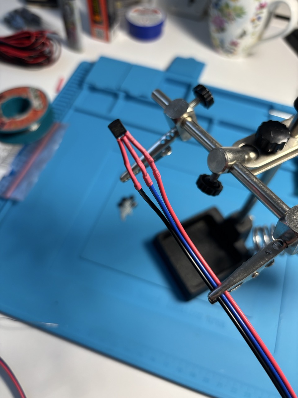 DS18B20 sensor with soldered wires and secured connections