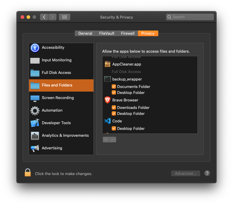 macOS privacy panel showing that binary backup_wrapper has access to the Files and Folders.