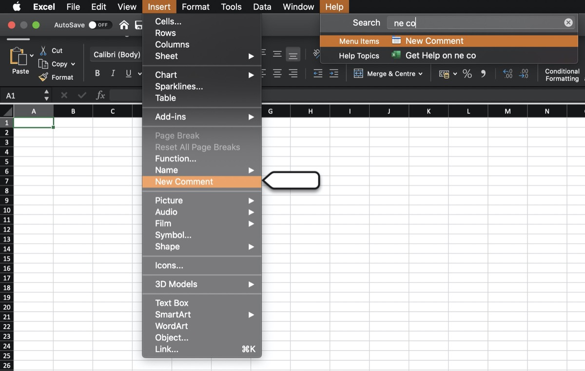 Looking for "New Comment" menu item in Microsoft Excel application using macOS help menu.